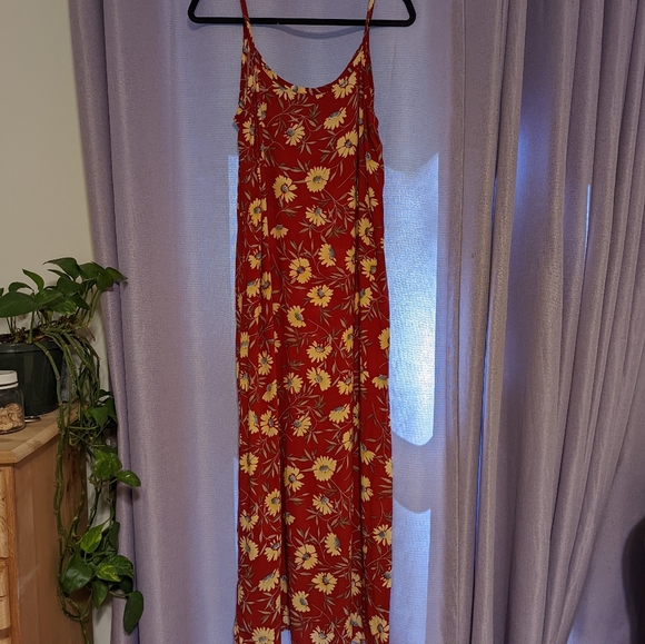 Vintage 90s Red Floral Spaghetti Strap Maxi Dress Grunge Cottage Core - Picture 1 of 3